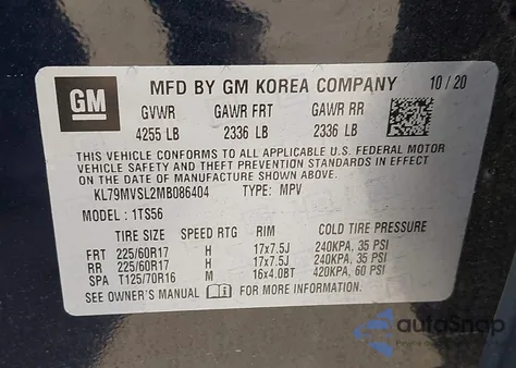 2021 Chevrolet Trailblazer Fwd Activ z USA, uszkodzony, nr VIN KL79MVSL2MB086404